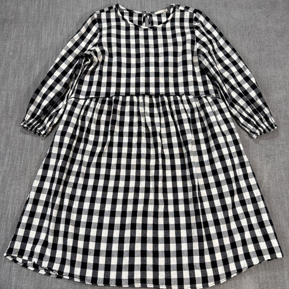 Flamingo Urban Black White Buffalo Plaid Cotton Linen Babydoll Dress Large M077